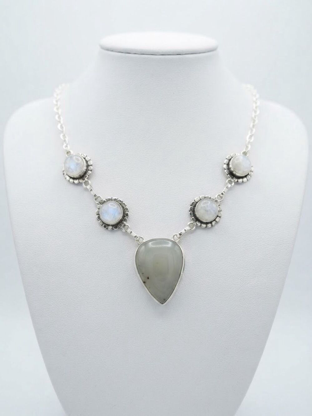 Stunning Silver Agate and Rainbow Moonstone Statement Necklace Boho Artisan
